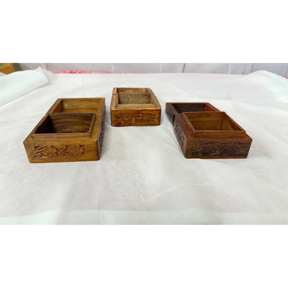 Set of 3 Vintage Hand Carved Wooden Trinket Boxes Floral Jewelry Keepsake Chests